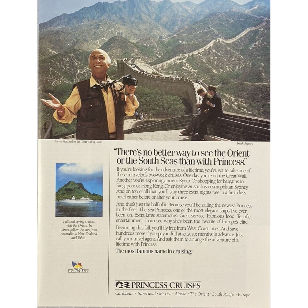 Princess Cruises Gavin MacLeod "There's no better way to see China" Print Ad '87